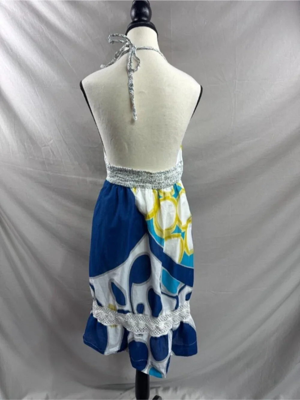 ROXY Geometric Abstract Halter Dress Crochet Lace Trim Ruffle Blue Yellow - Picture 6 of 8